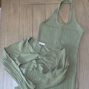 Olive Green Ribbed Dress & Crop Top Set